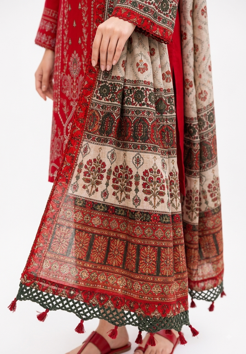 Red Embroidered Suit with Block Print Dupatta