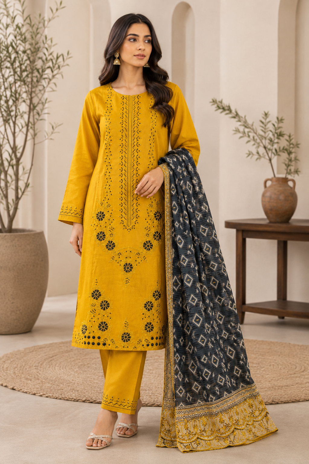 Golden Mustard Suit with Black Embroidery & Diamond Dupatta