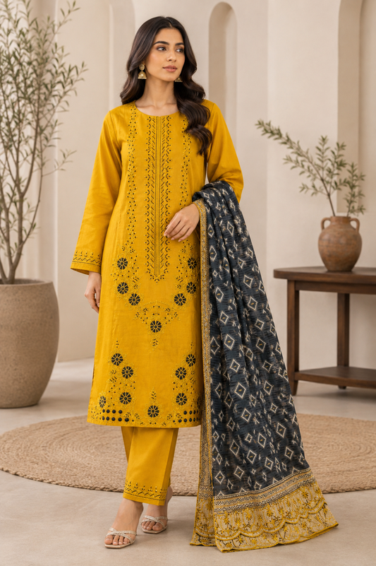 Golden Mustard Suit with Black Embroidery & Diamond Dupatta