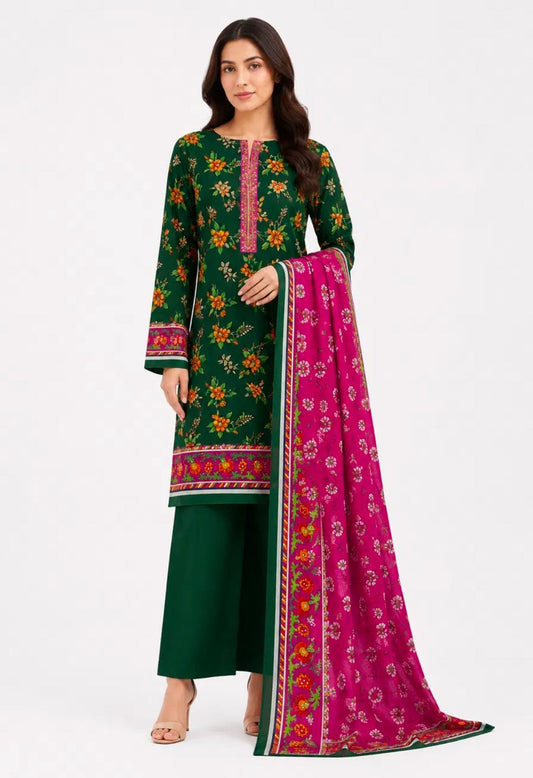 Bottle Green Floral Suit with Pink Border - 3Pc