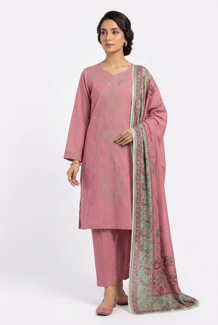 Dusty Pink Embroidered Suit with Sage Border Dupatta