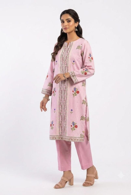 Pink Floral Embroidered Print 2Pc Suit