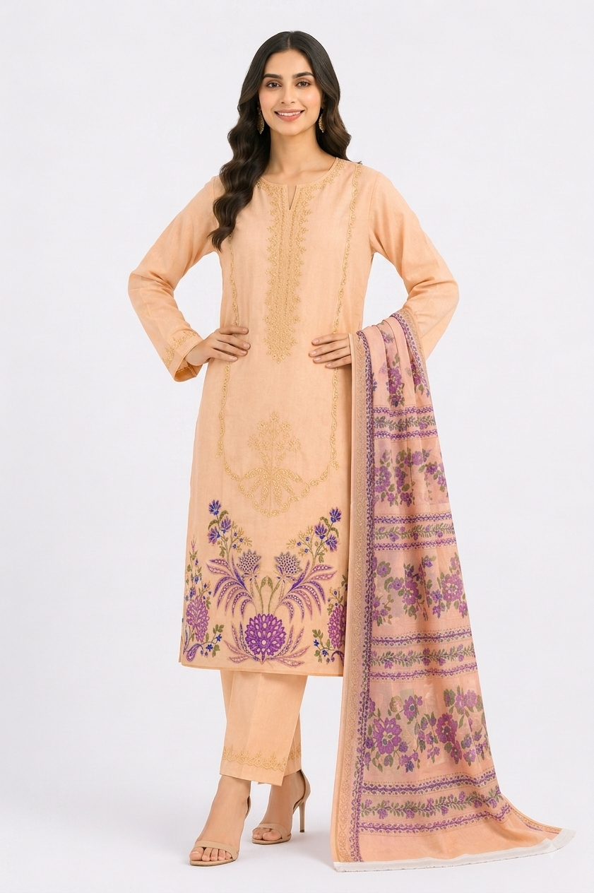 Apricot Embroidered 3-Piece Suit with Purple Floral Dupatta