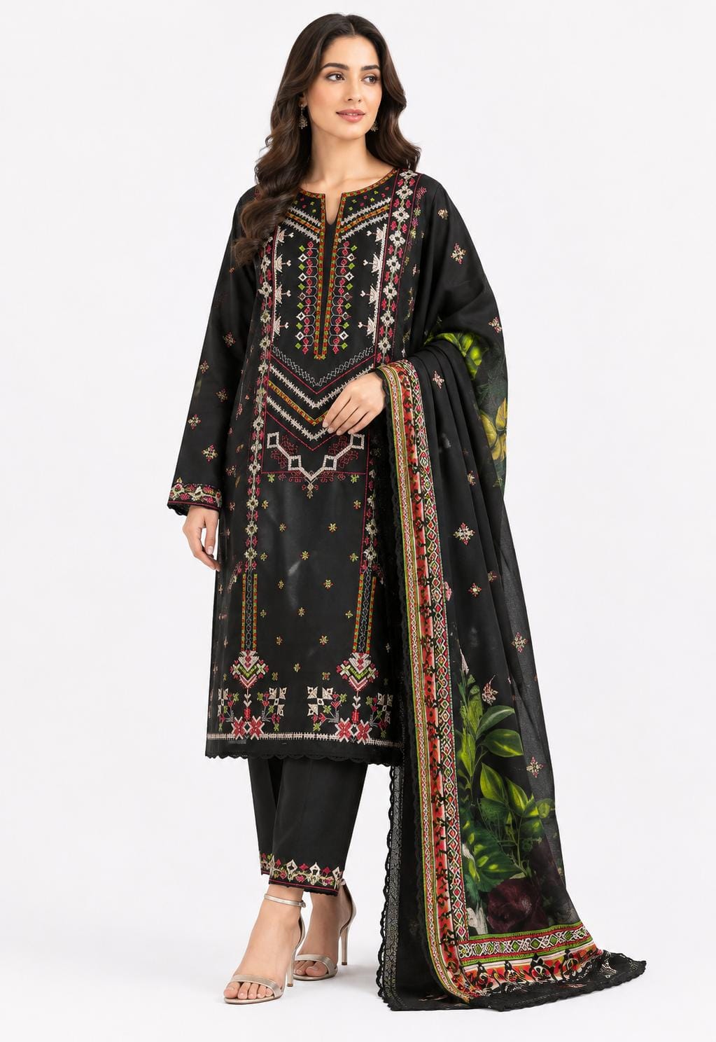 Black Embroidered Suit with Floral Print Dupatta
