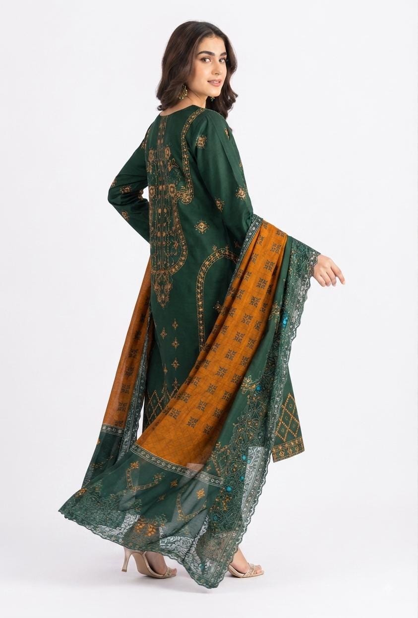 Bottle Green Embroidered Suit with Mustard Dupatta