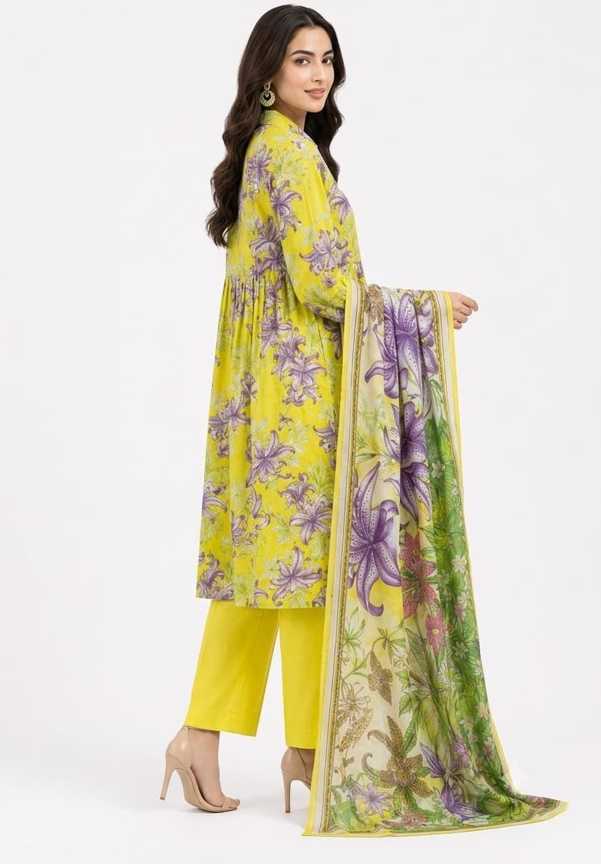 Yellow Lily Print A-Line Suit - 3Pc