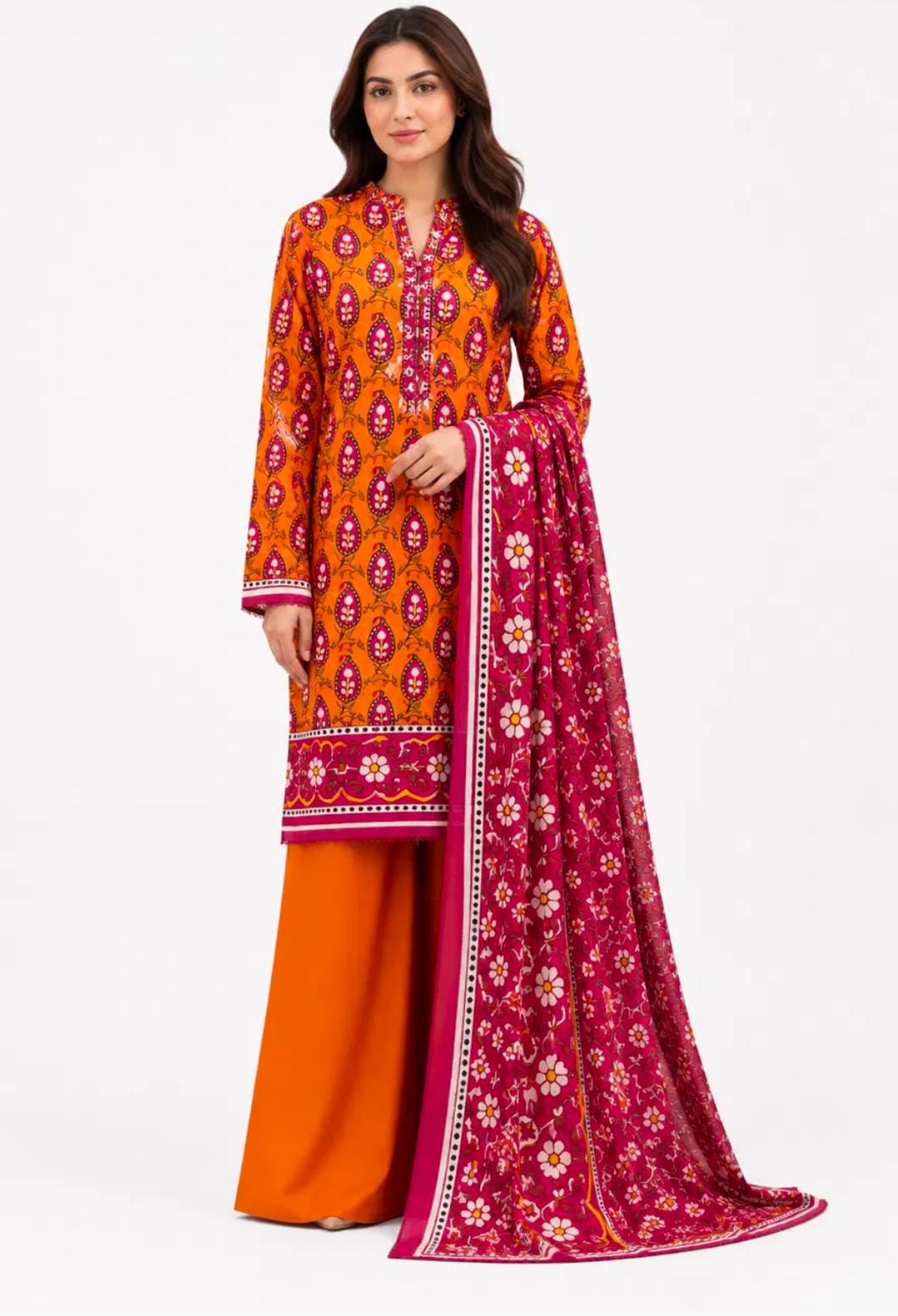 Mustard Orange Paisley Print Suit - 3Pc
