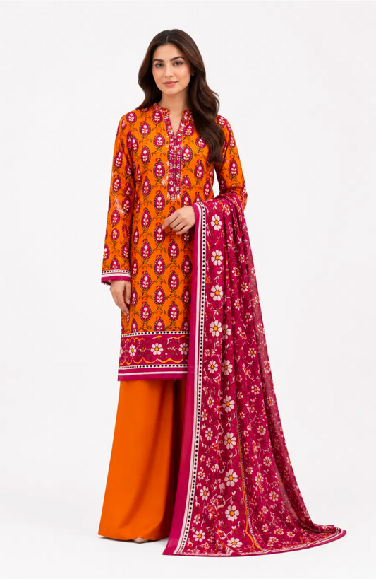 Mustard Orange Paisley Print Suit - 3Pc