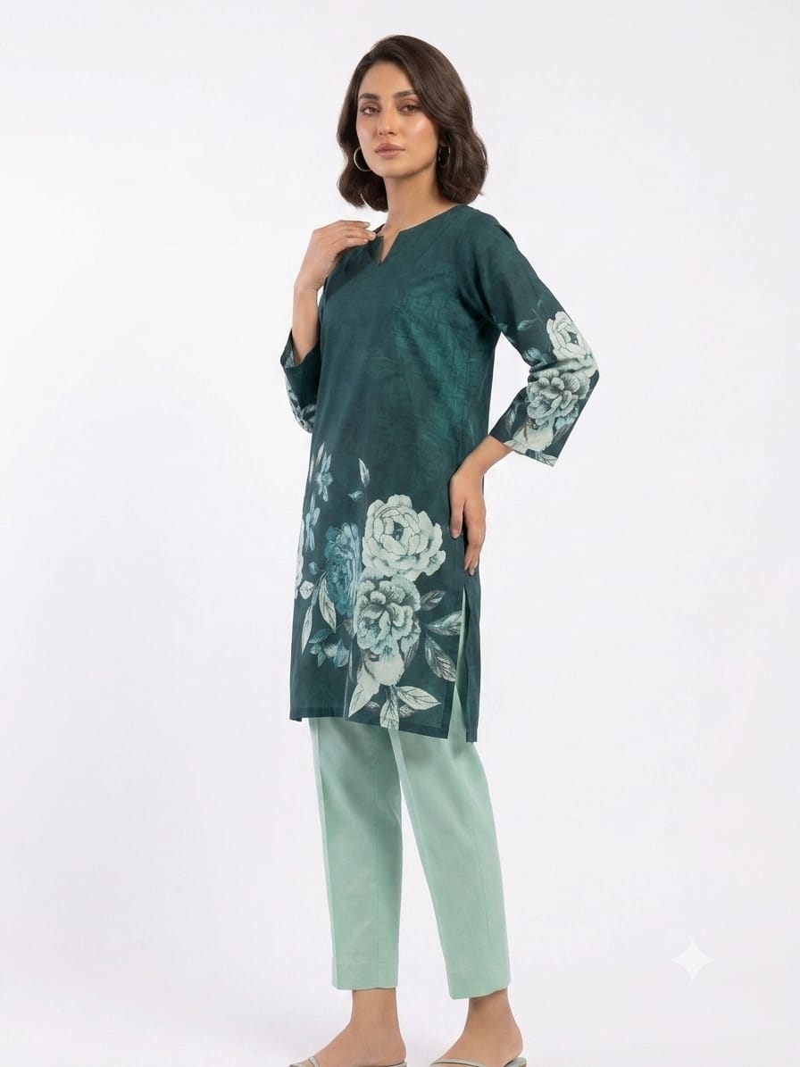 Teal Green Floral Print 2Pc Suit