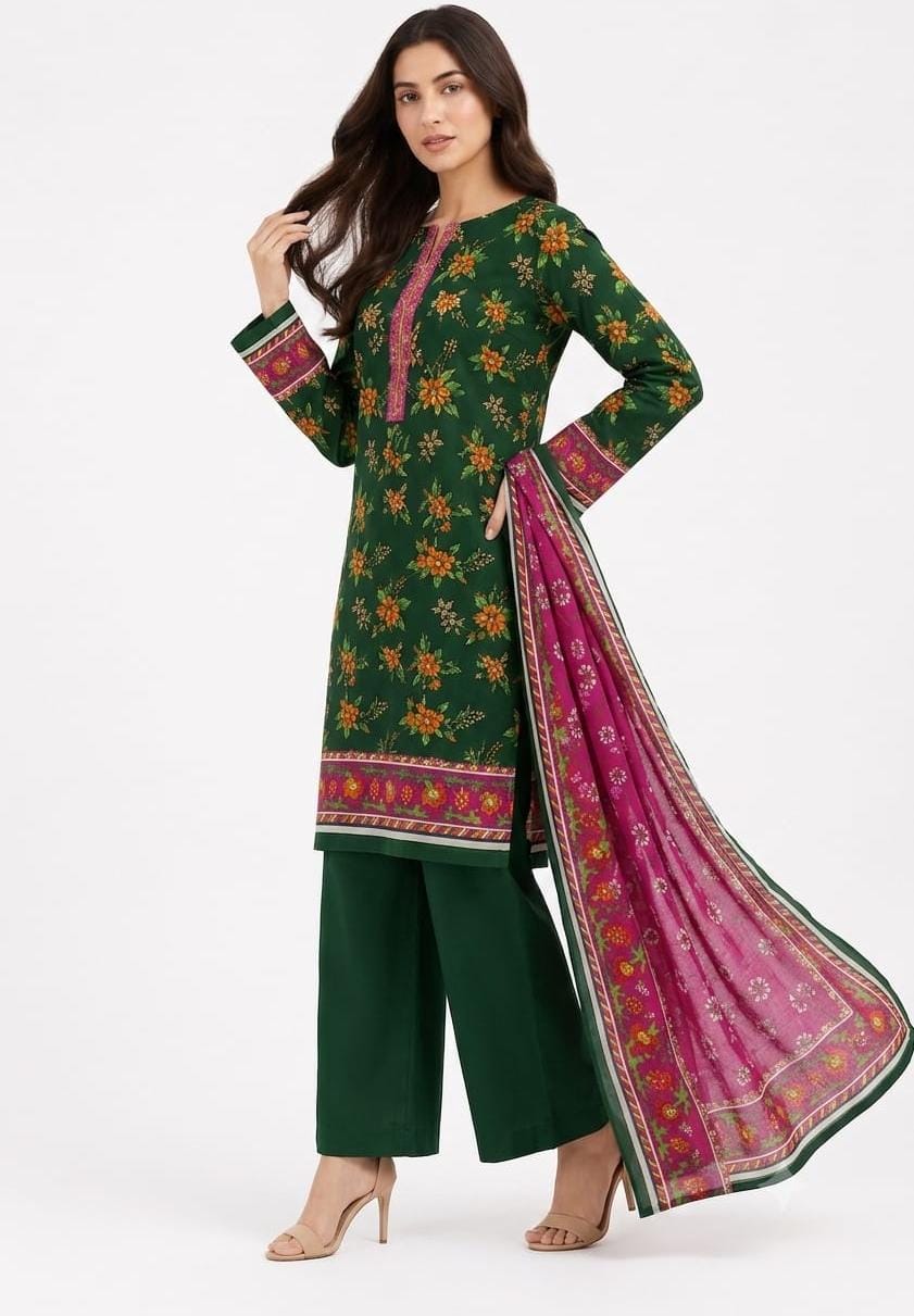Bottle Green Floral Suit with Pink Border - 3Pc
