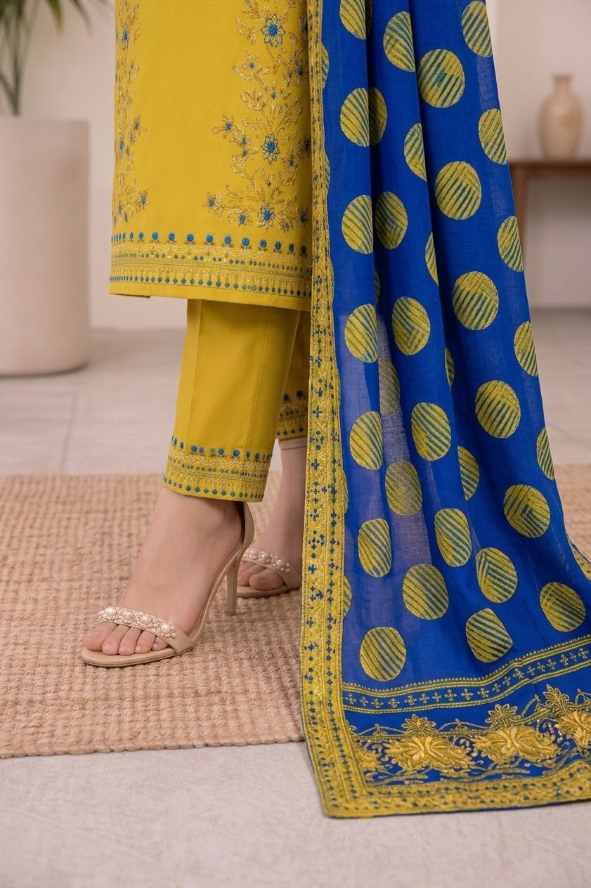 Mustard Yellow Suit with Navy Polka Dot Dupatta