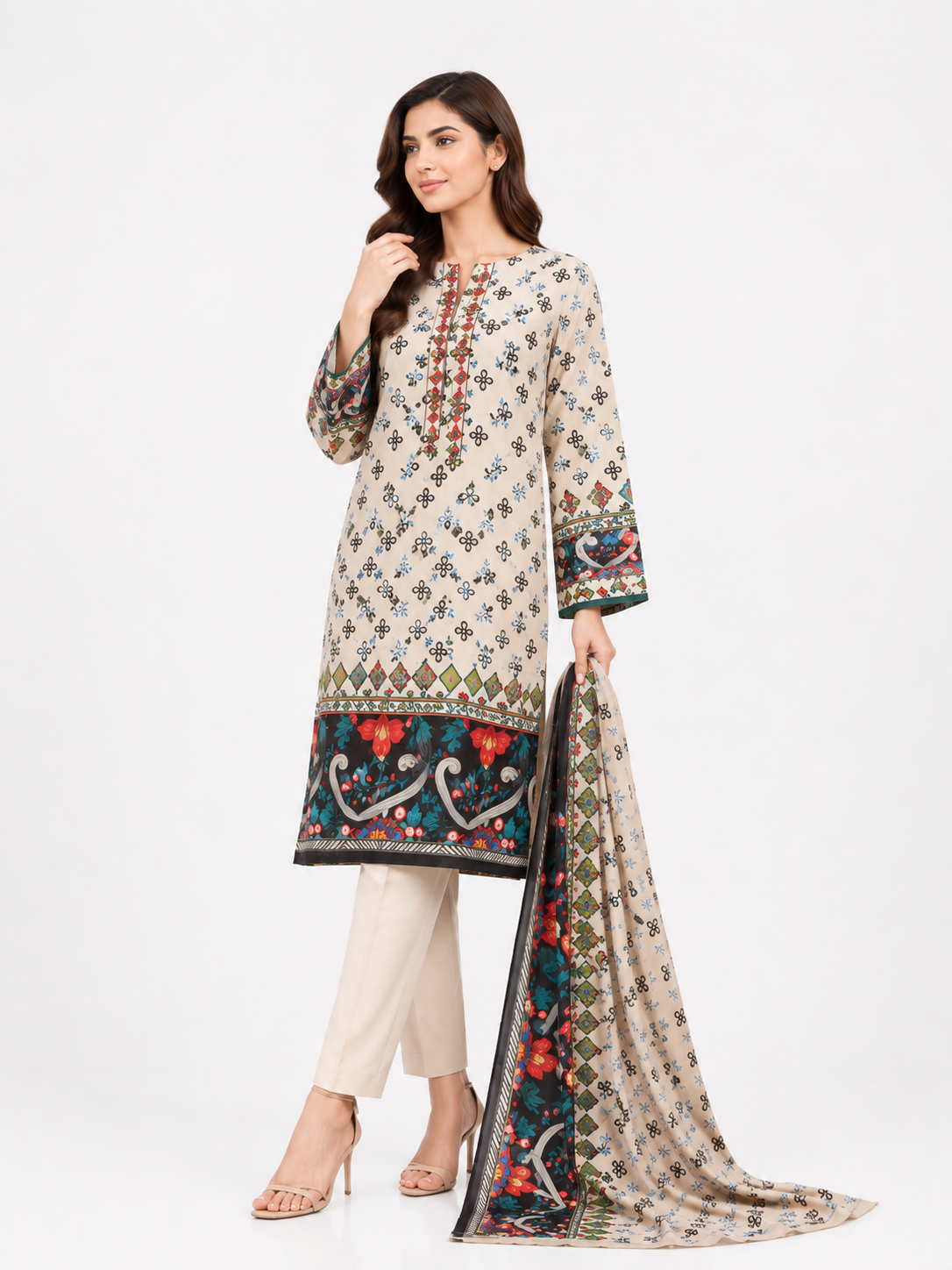 Beige Floral Medallion Suit - 3Pc
