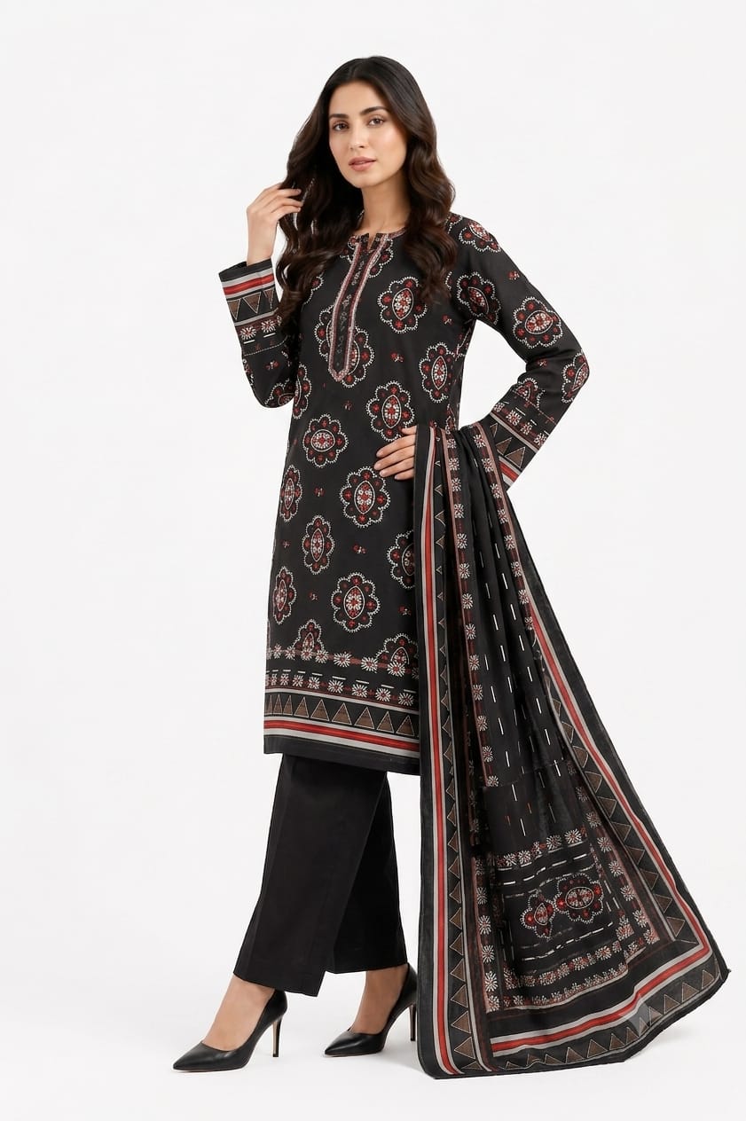 Black Medallion Print Suit - 3Pc