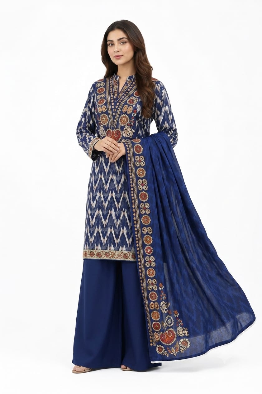 Navy Blue Ikat Embroidered Suit - 3Pc