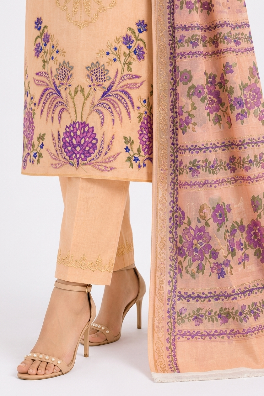 Apricot Embroidered 3-Piece Suit with Purple Floral Dupatta