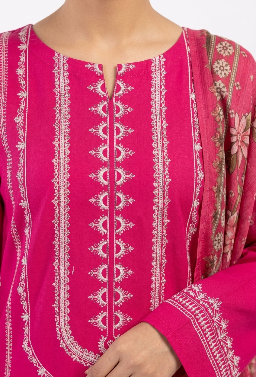 Fuchsia Pink Embroidered Suit with Tassel Hem