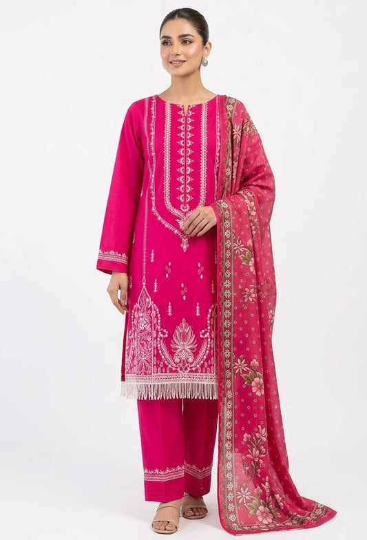 Fuchsia Pink Embroidered Suit with Tassel Hem