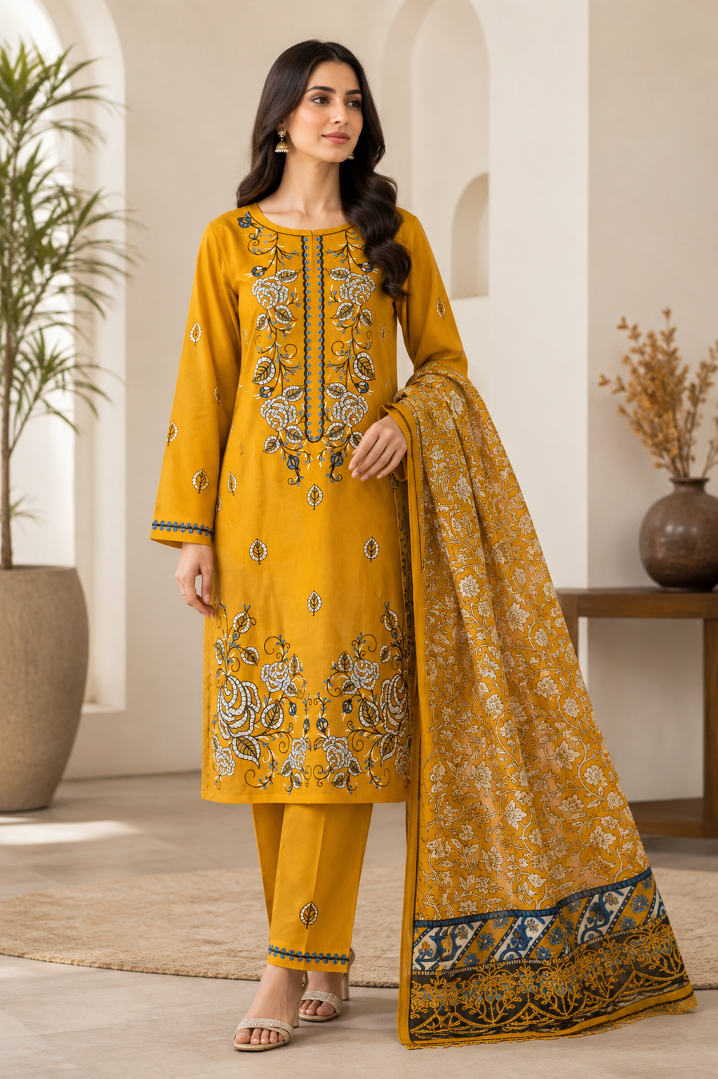 Mustard Suit with Blue Floral Embroidery
