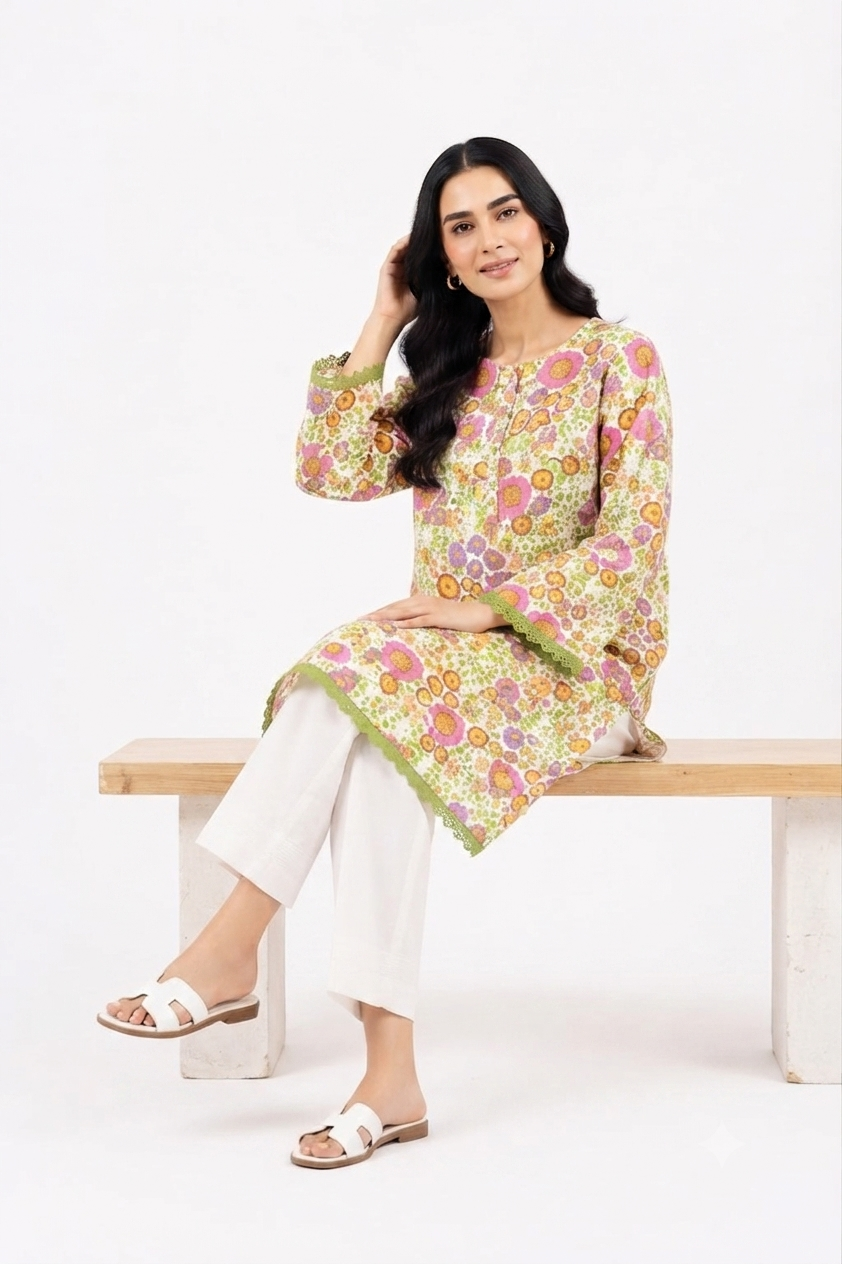 Ivory Multicolor Floral Print 2Pc Suit with Green Lace