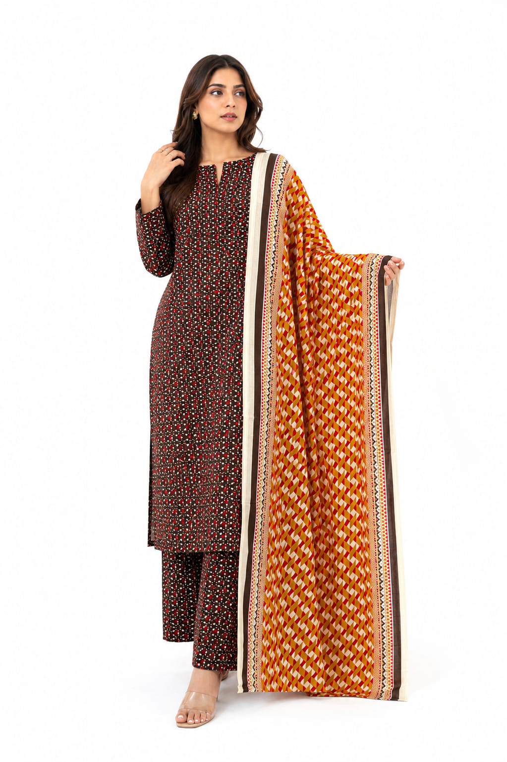 Black Dotted Print Suit with Mustard Geometric Dupatta