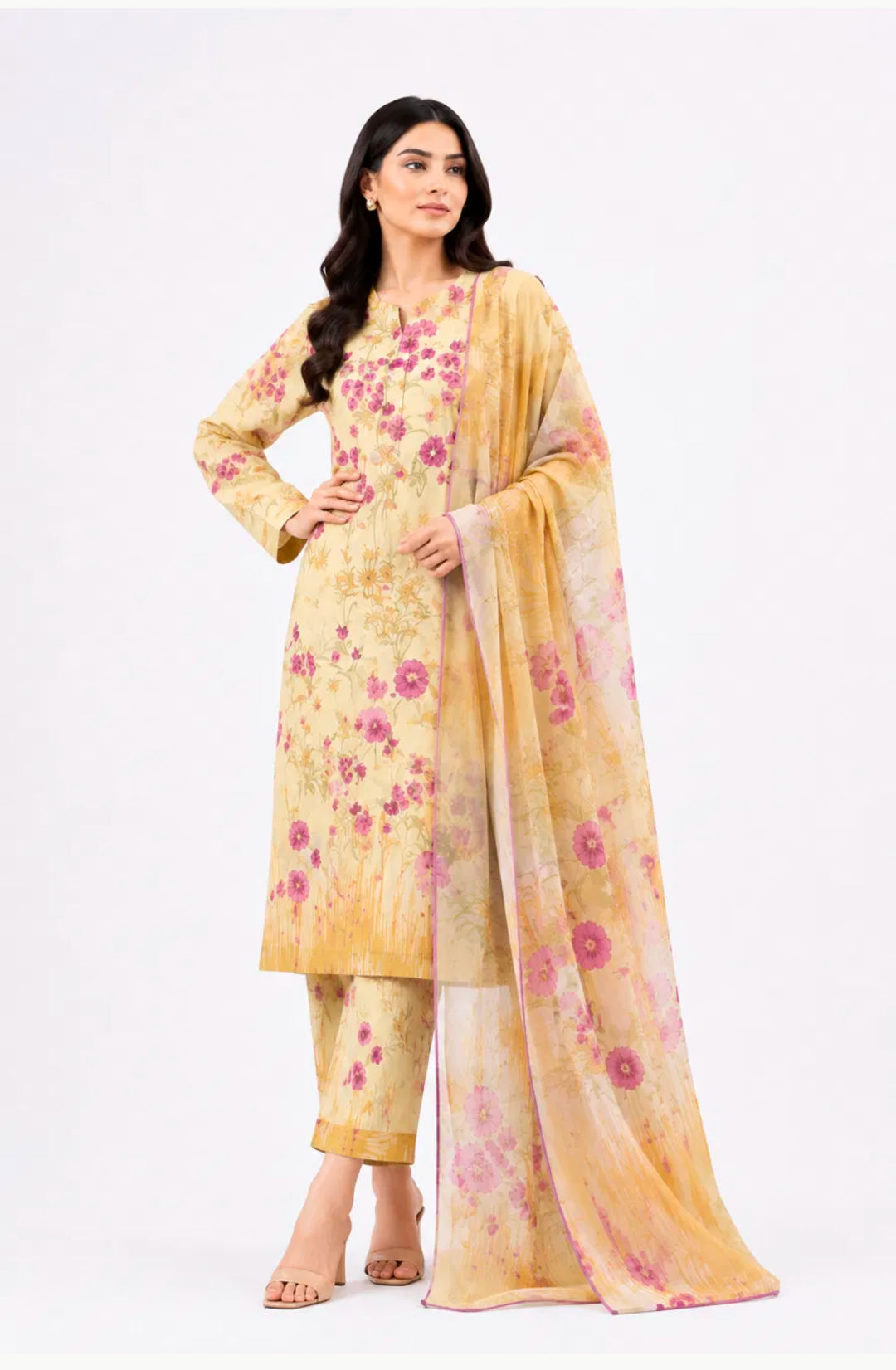 Pastel Yellow Floral Organza Suit