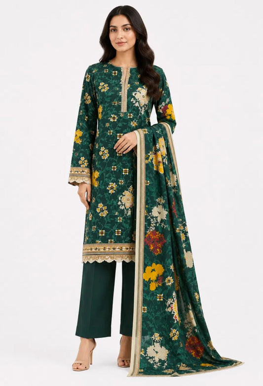 Bottle Green Floral Gold-Border Embroidered Suit - 3Pc
