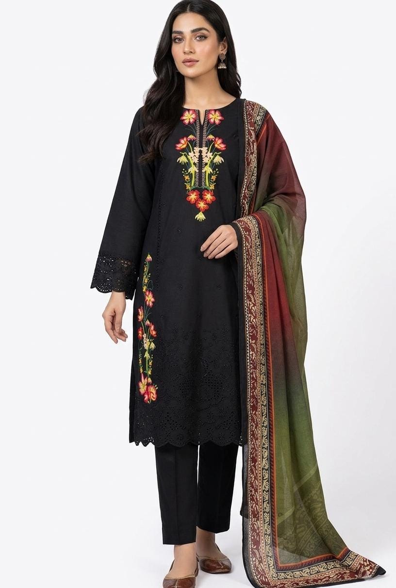 Black Floral Embroidered Suit with Ombre Dupatta