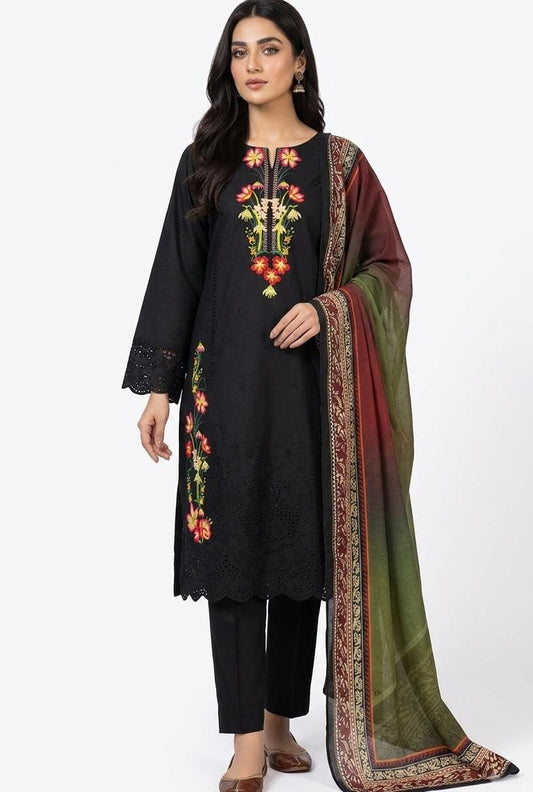 Black Floral Embroidered Suit with Ombre Dupatta