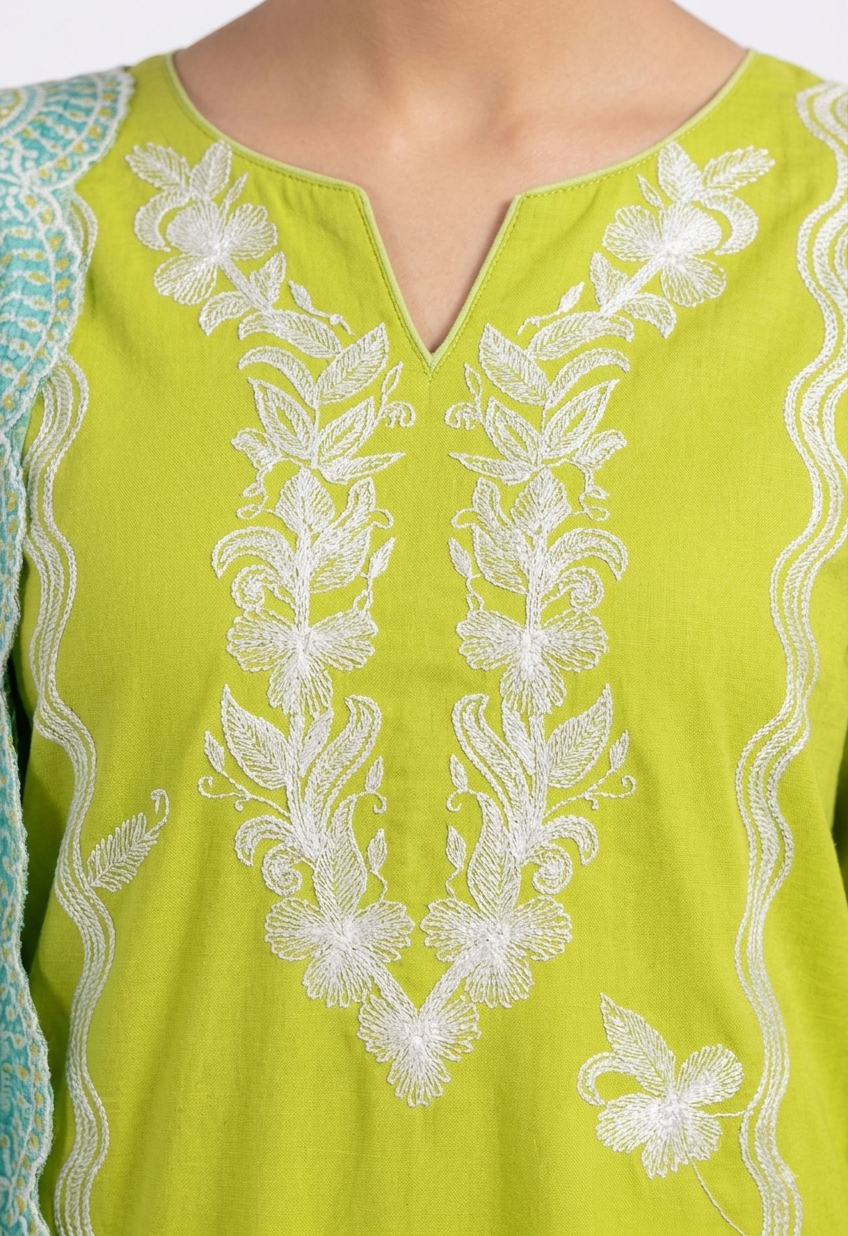 Lime Green Suit with White Embroidery & Turquoise Dupatta