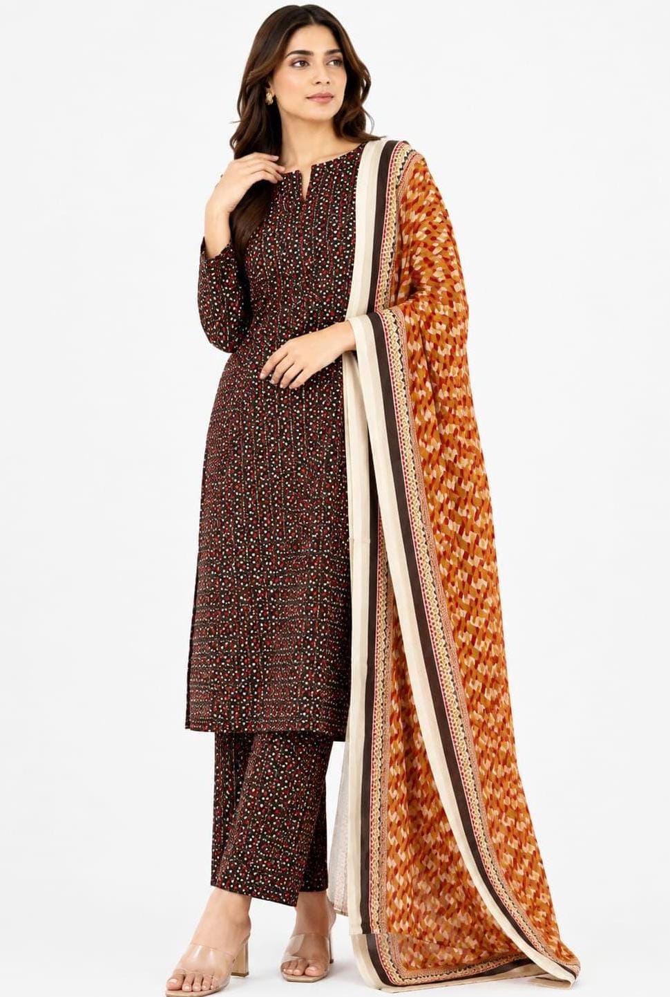 Black Dotted Print Suit with Mustard Geometric Dupatta
