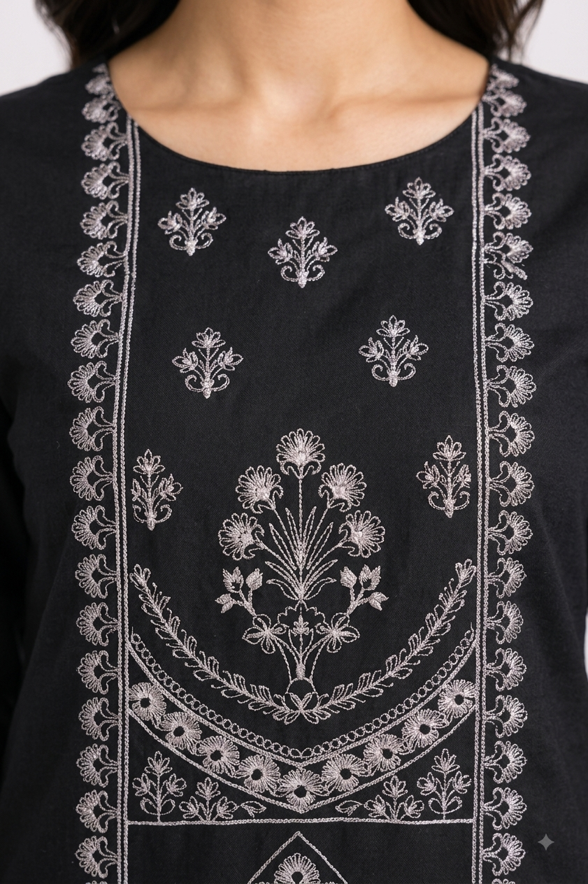 Black Embroidered Suit with Sheer Net Dupatta