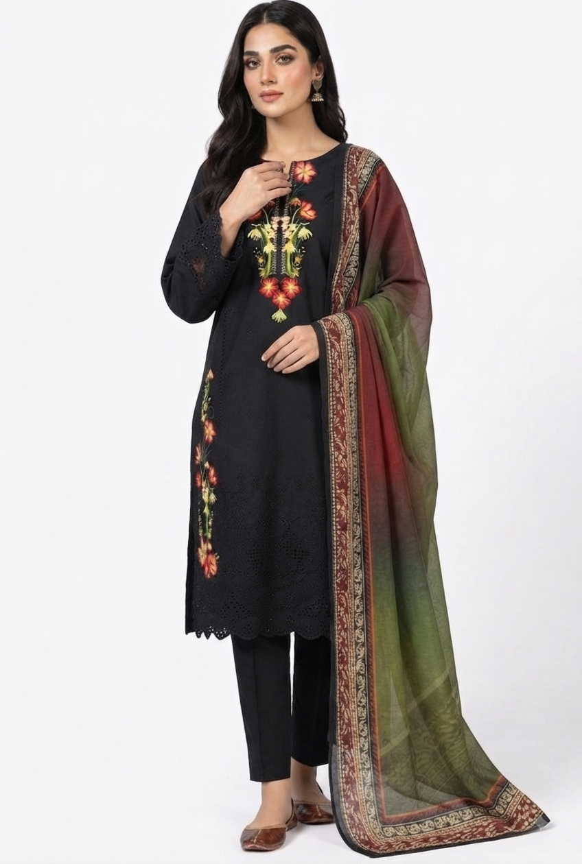 Black Floral Embroidered Suit with Ombre Dupatta