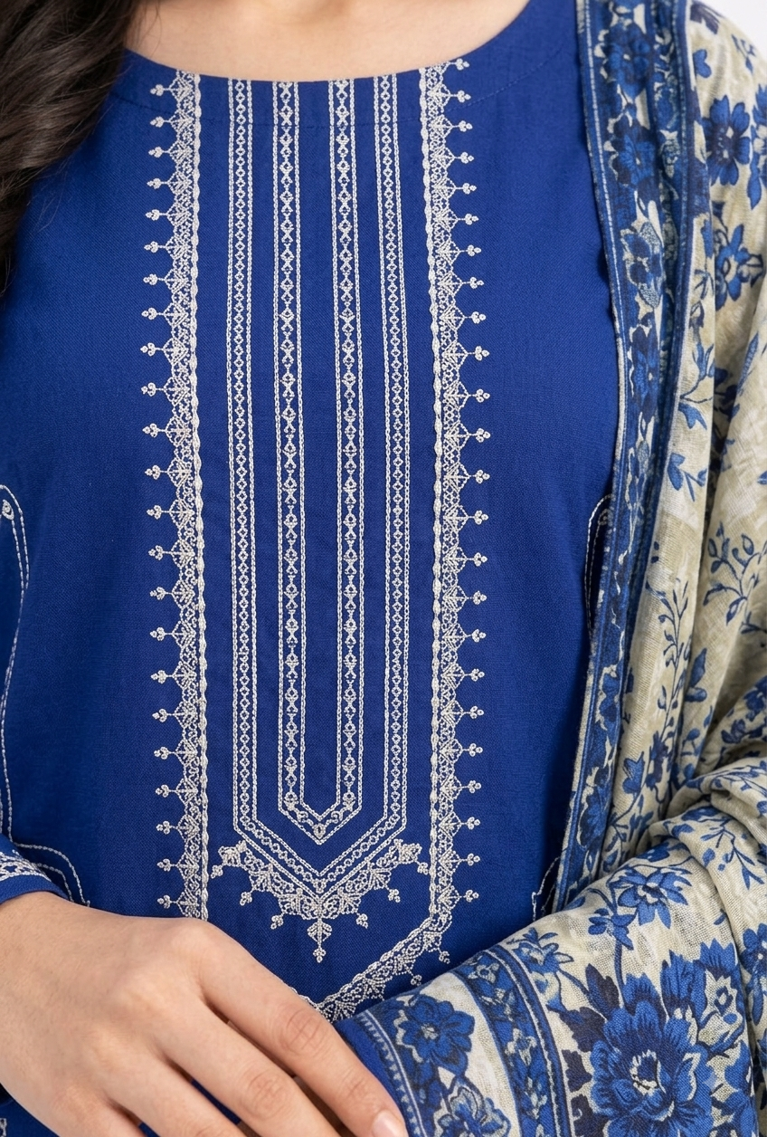 Royal Blue Embroidered Suit with Floral Cream Dupatta