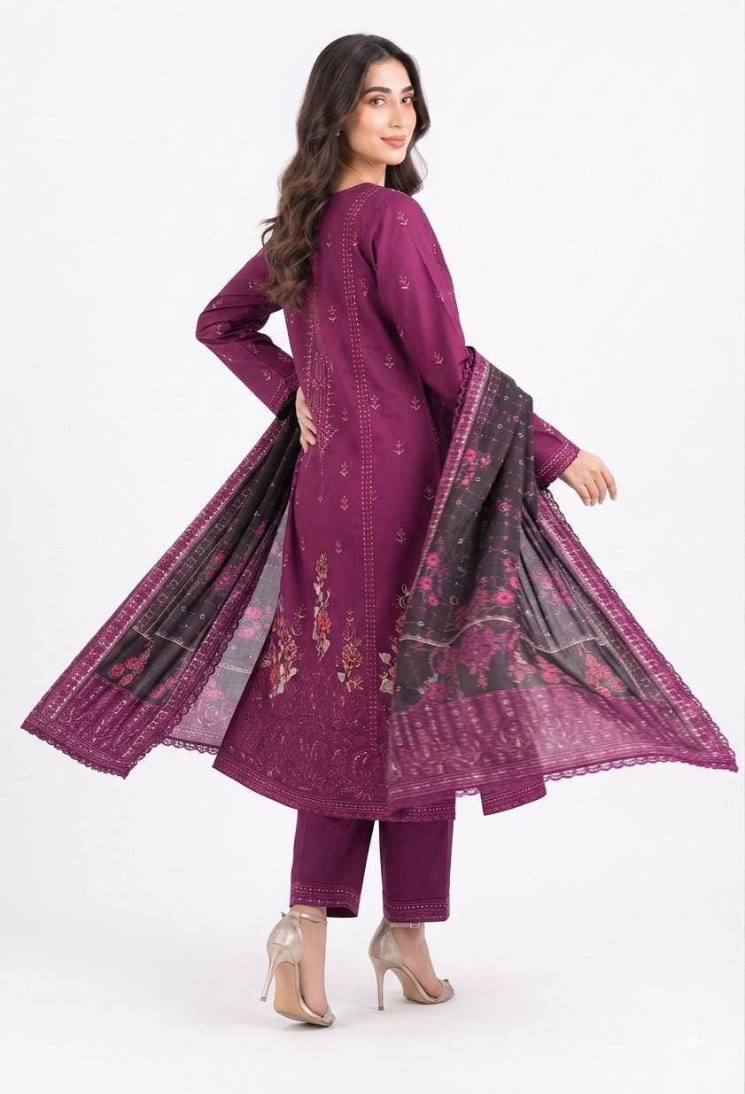 Magenta Embroidered Suit with Floral Dupatta
