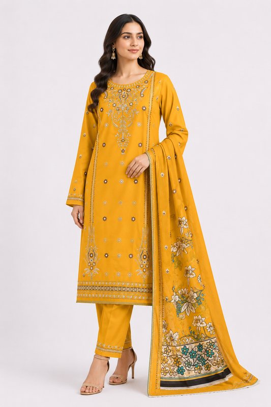 Golden Mustard Suit with Silver Heavy Embroidery