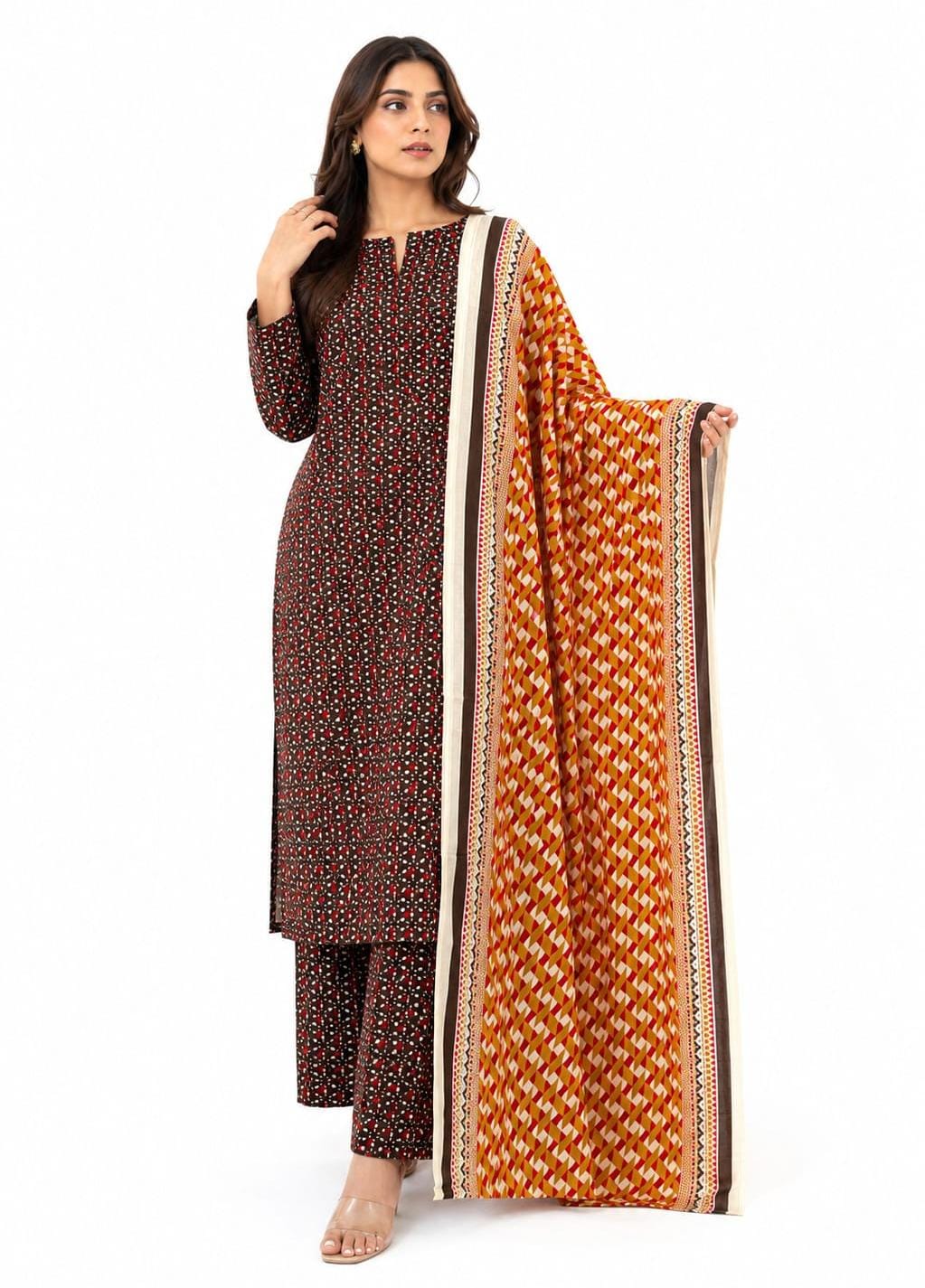 Black Dotted Print Suit with Mustard Geometric Dupatta