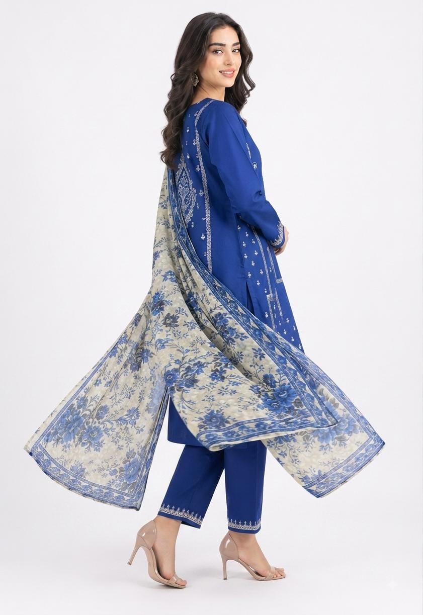 Royal Blue Embroidered Suit with Floral Cream Dupatta