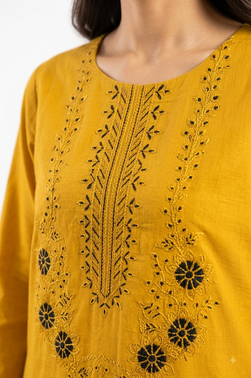 Golden Mustard Suit with Black Embroidery & Diamond Dupatta