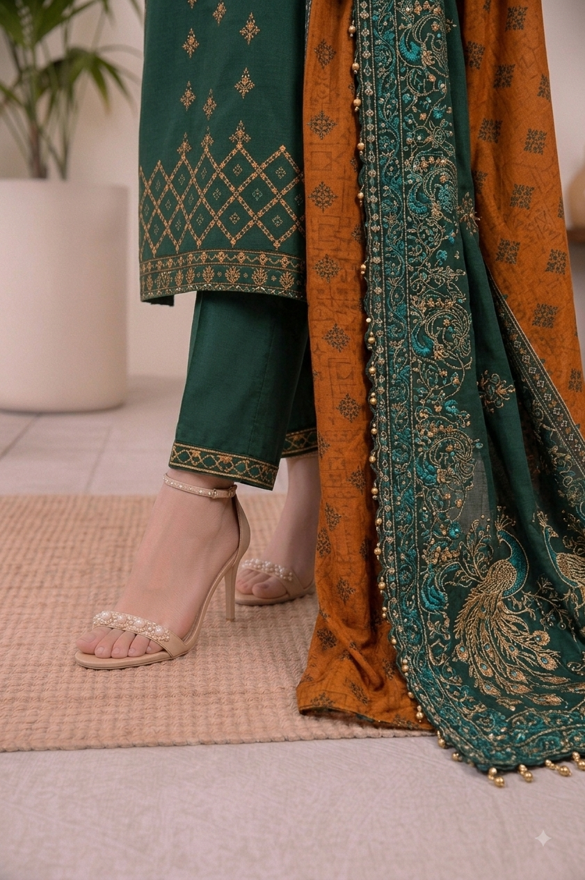 Bottle Green Embroidered Suit with Mustard Dupatta