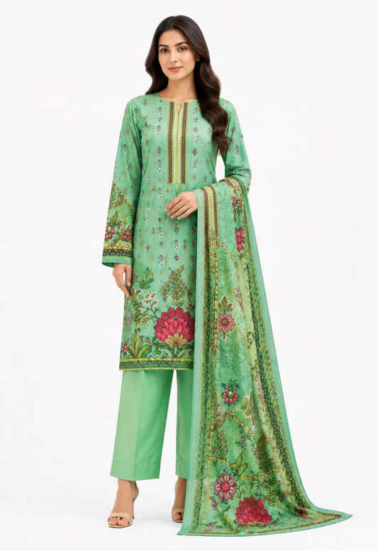 Sea Green Floral Embroidered Lawn Suit - 3Pc