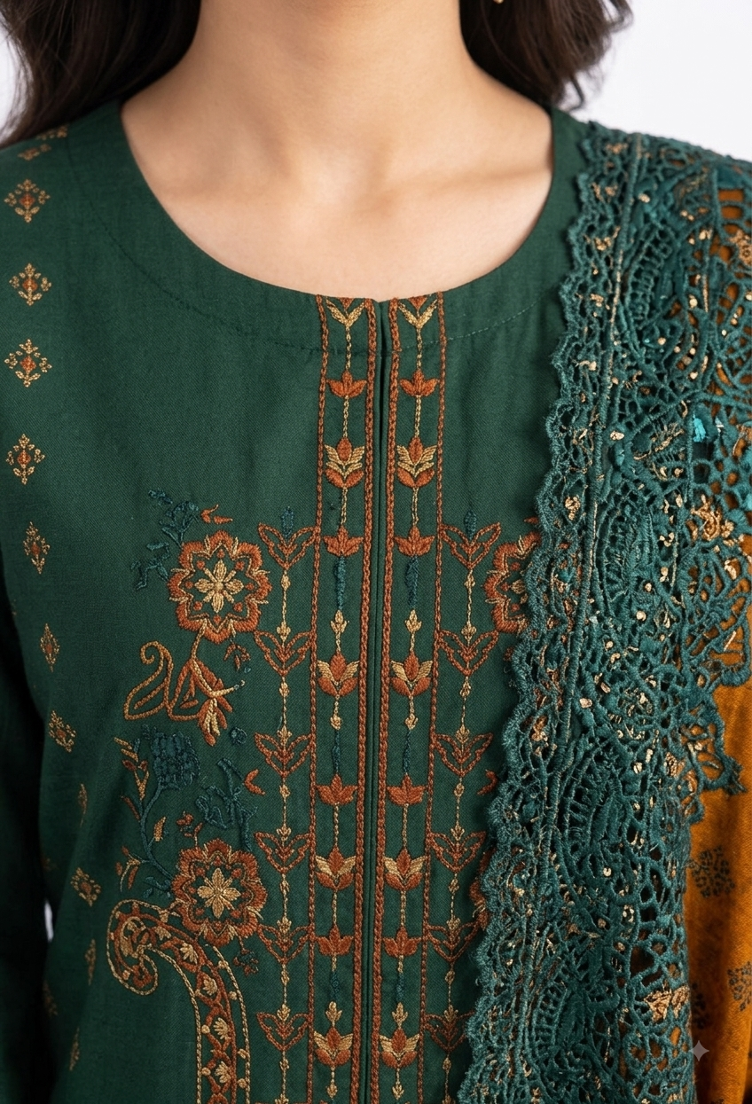 Bottle Green Embroidered Suit with Mustard Dupatta