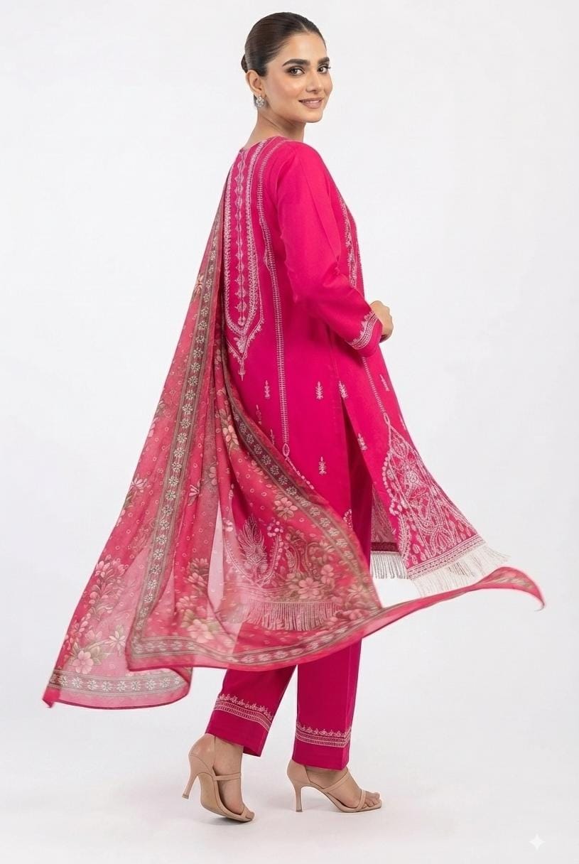 Fuchsia Pink Embroidered Suit with Tassel Hem