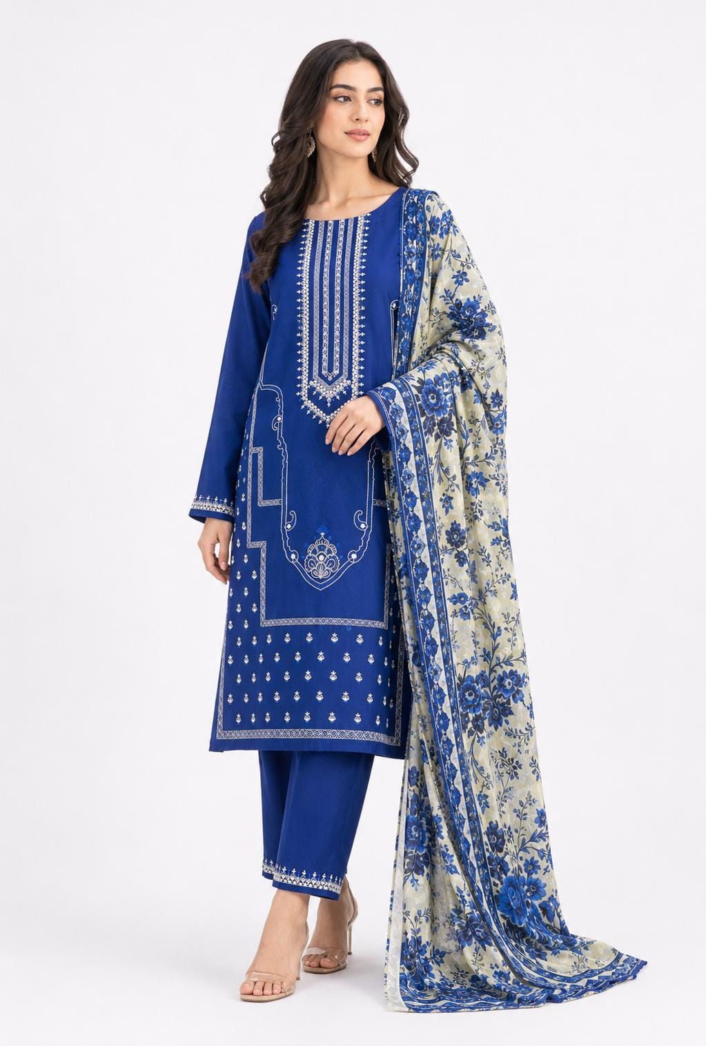 Royal Blue Embroidered Suit with Floral Cream Dupatta