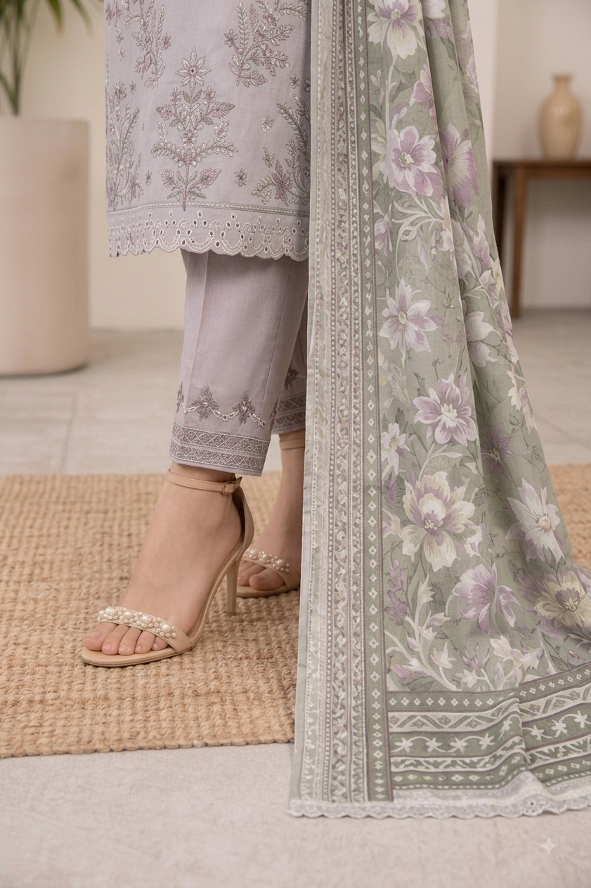 Light Grey Embroidered Suit with Lavender Florals