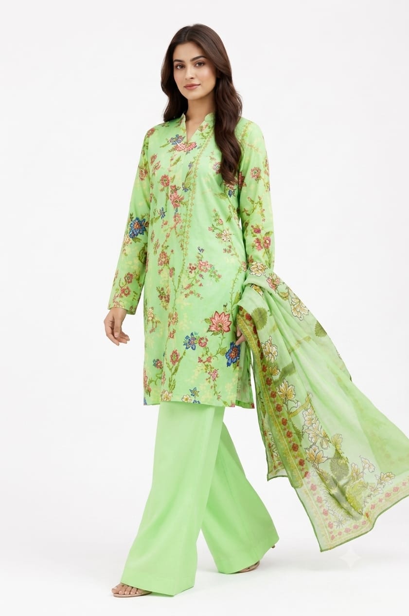 Light Green Floral Print Sharara Suit - 3Pc