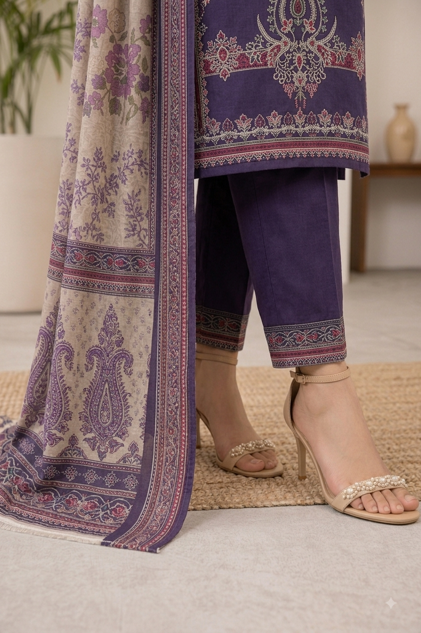 Aubergine Purple Suit with Red & White Embroidery