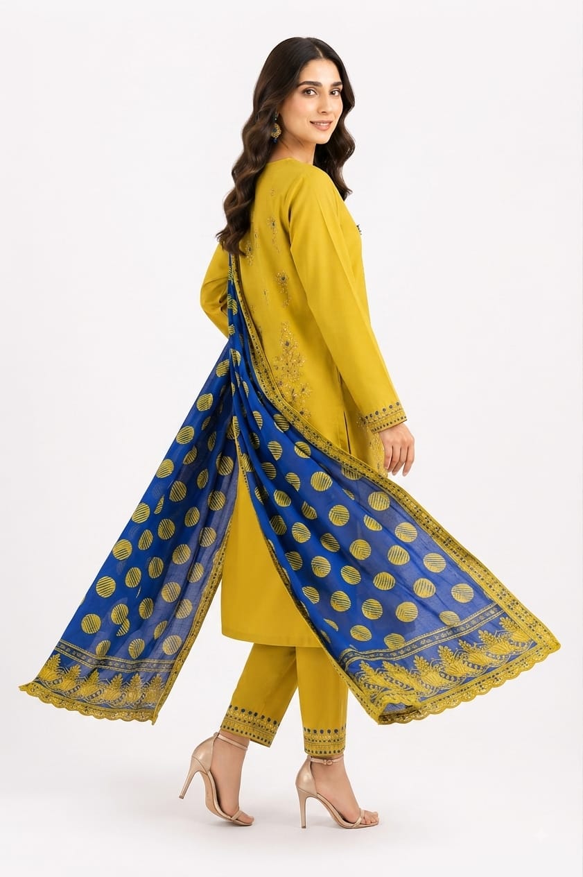 Mustard Yellow Suit with Navy Polka Dot Dupatta