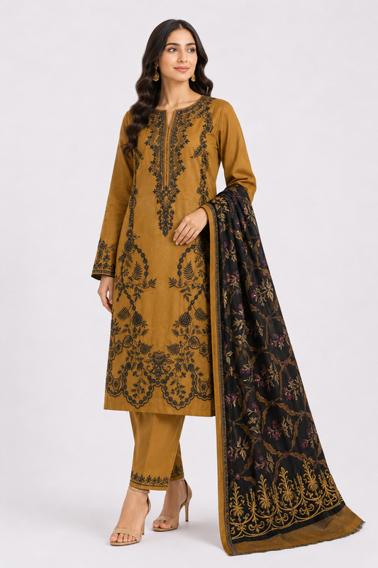 Camel Suit with Black Embroidery & Floral Dupatta