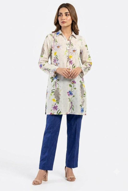 Cream Floral Print Collar Tunic 2Pc Suit