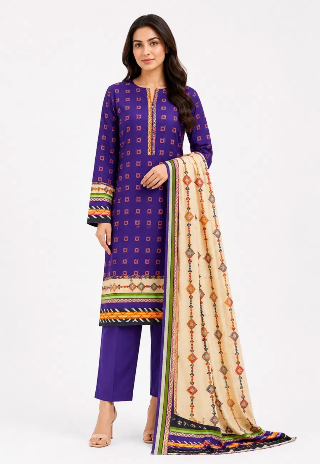 Purple Geometric Print Suit - 3Pc